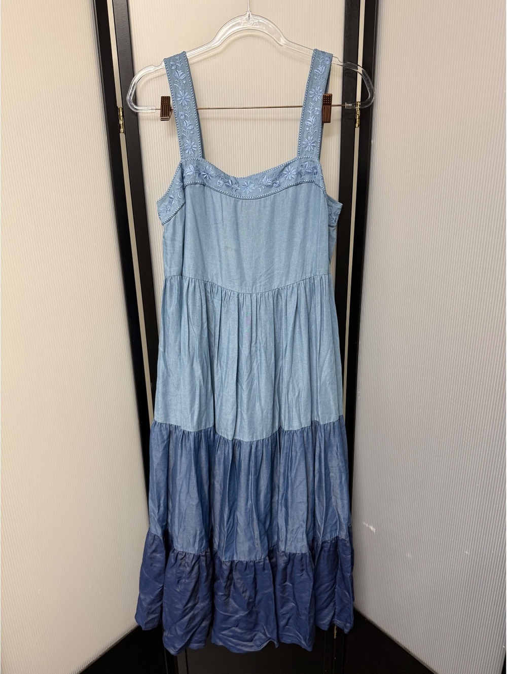 Kate Spade Broome Street Blue Ombre Embroidered Chambray Maxi Dress Large